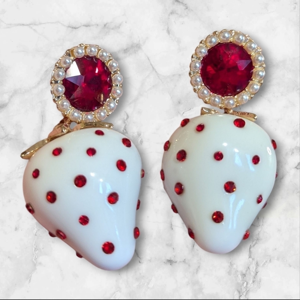 EUC Red Rhinestone Strawberry Drop Earrings - Picture 5 of 7